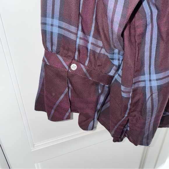 Ann Taylor LOFT Burgundy/Blue Plaid Off-Shoulder Blouse Sz Large - Picture 9 of 12